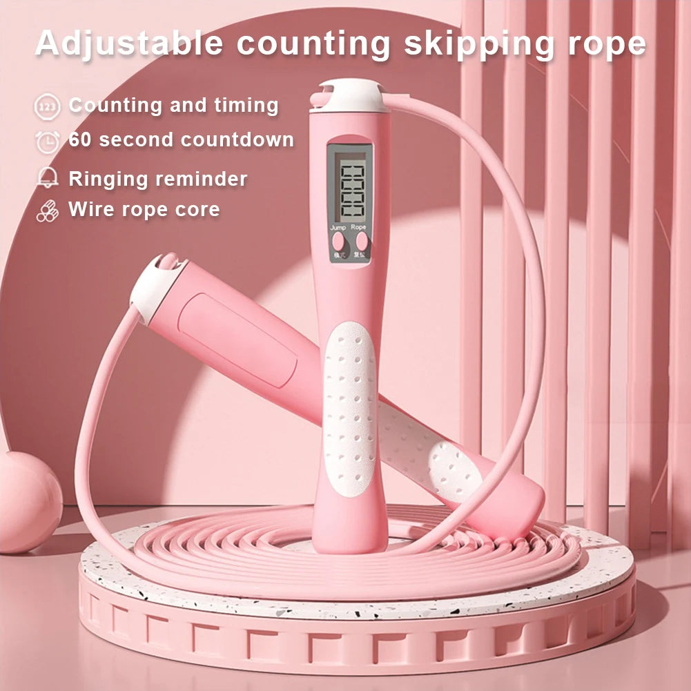 Adjustable pink digital jump rope with countdown timer