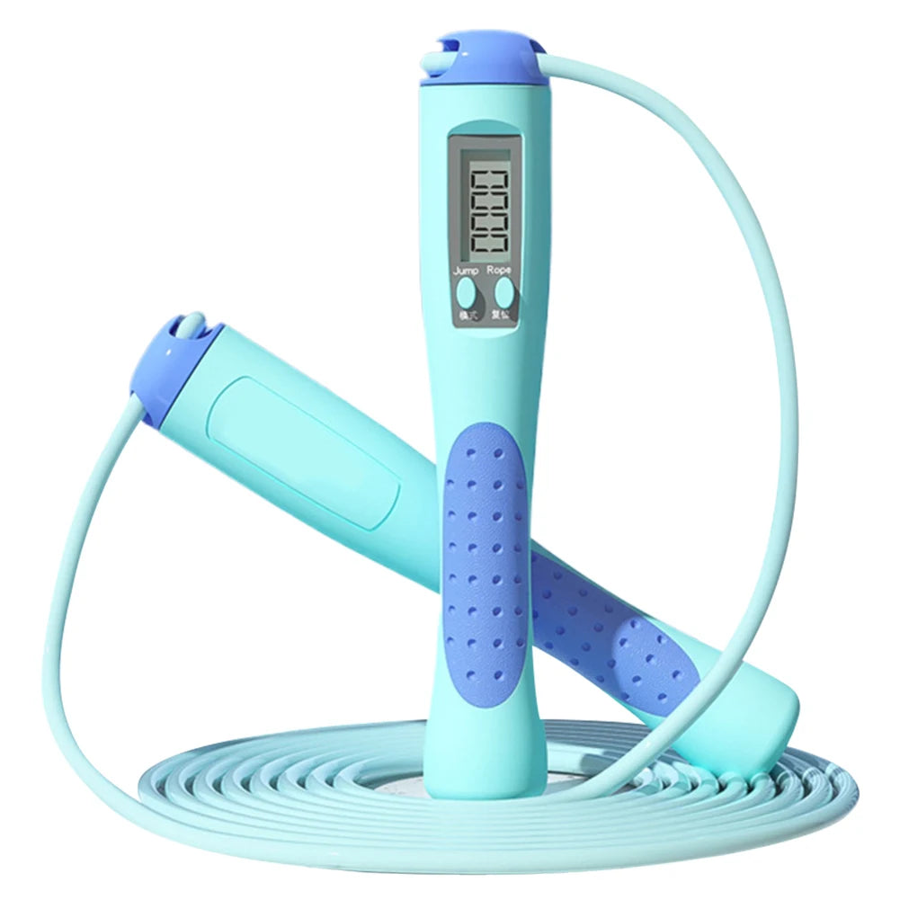 Blue digital skipping rope with LCD display and ergonomic grip