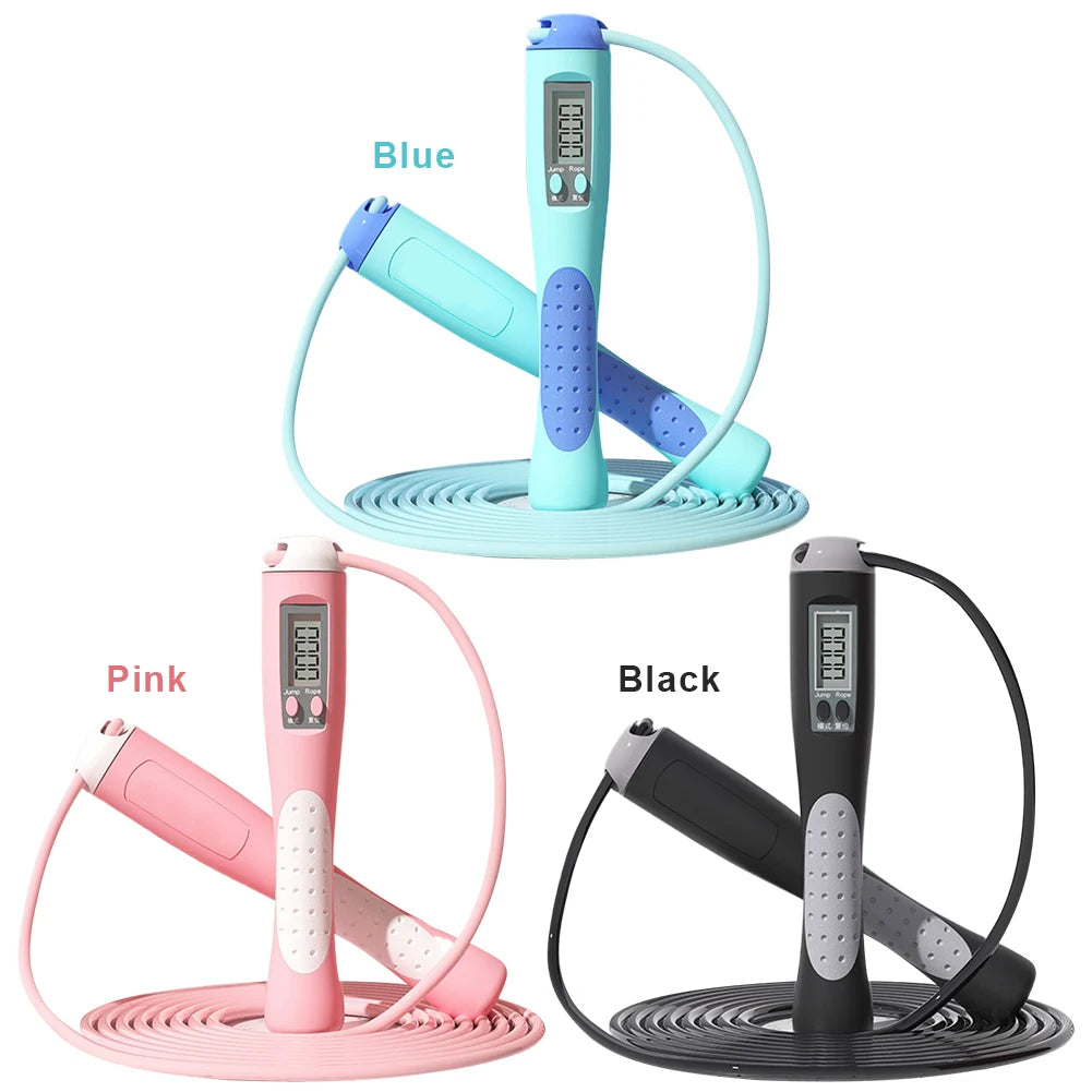 Digital jump rope available in blue, pink, and black color options