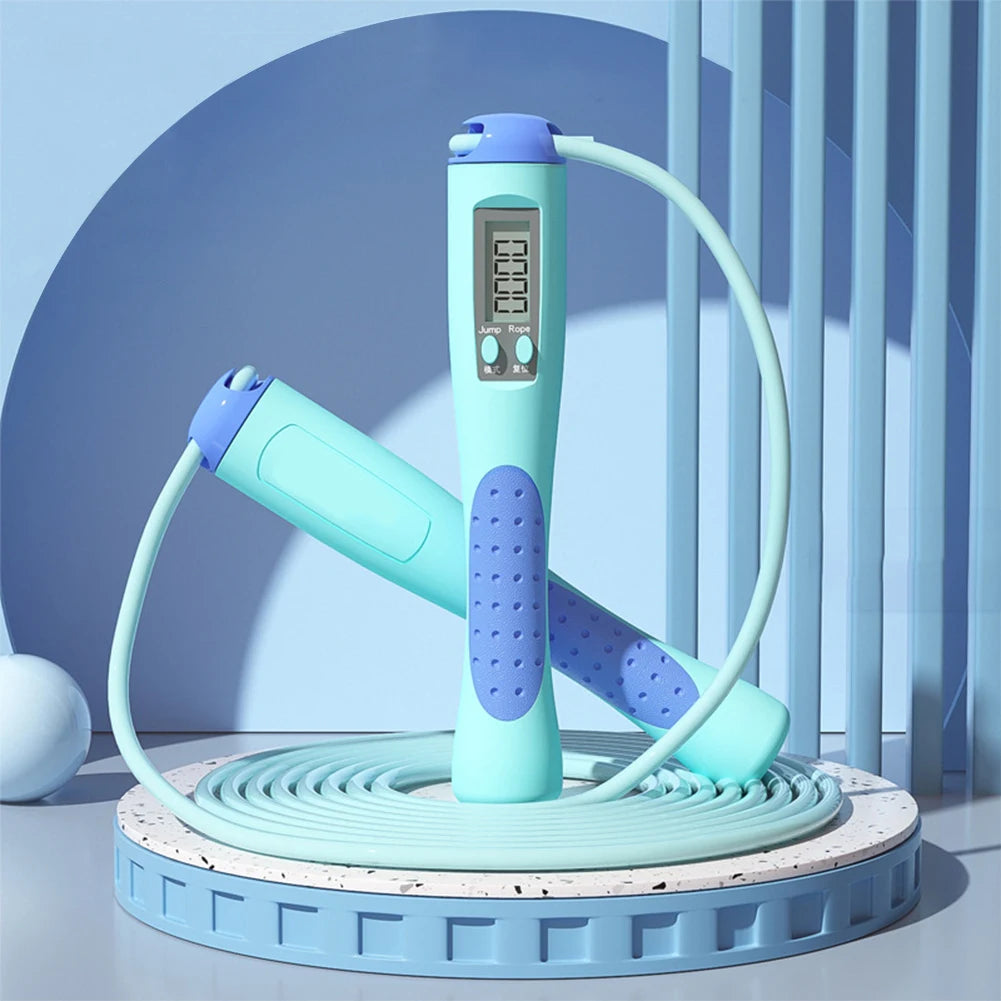 Blue electronic skip rope with digital display and ergonomic grip